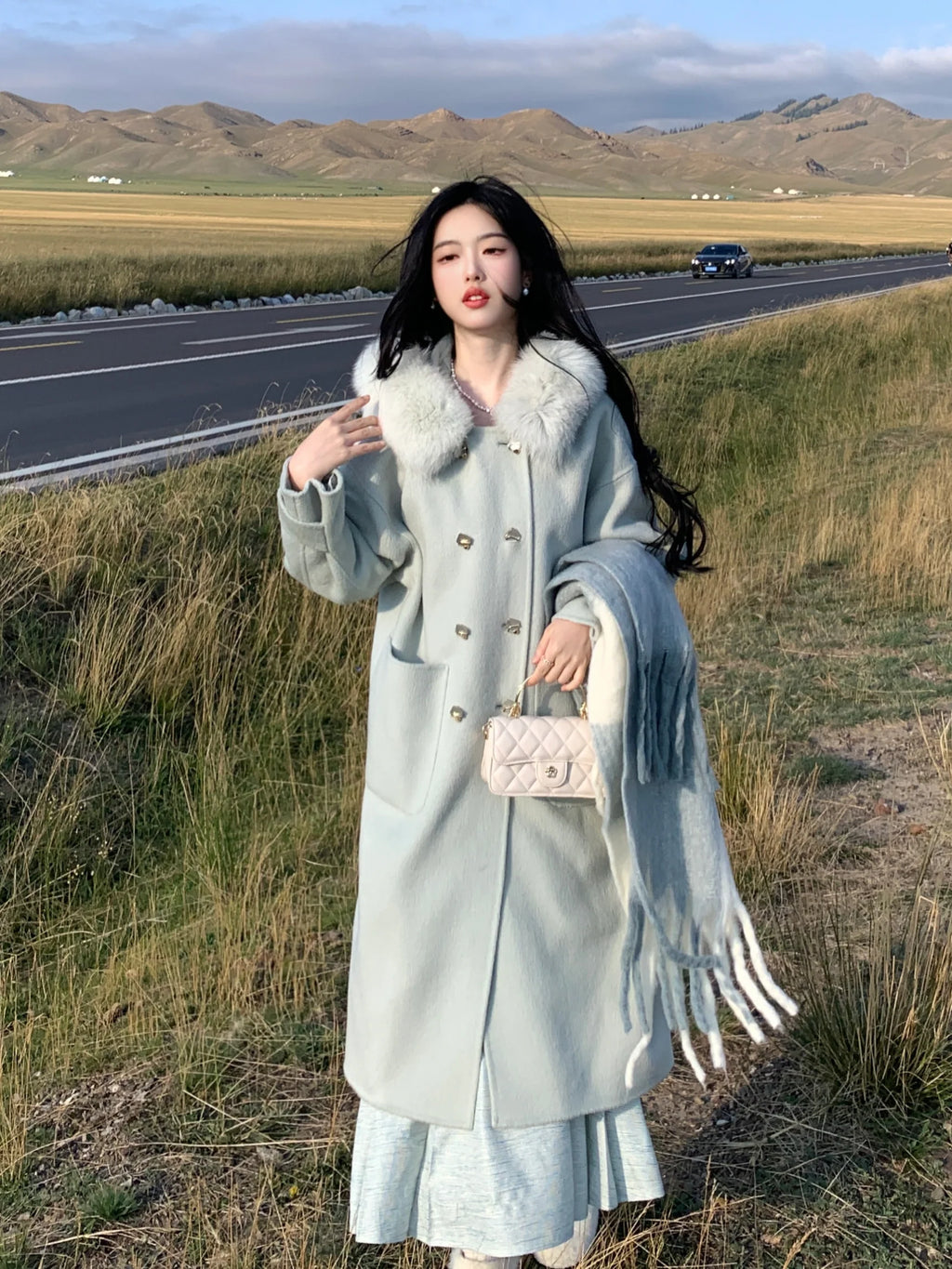 Fur Collar Wool Double-Breasted Coat