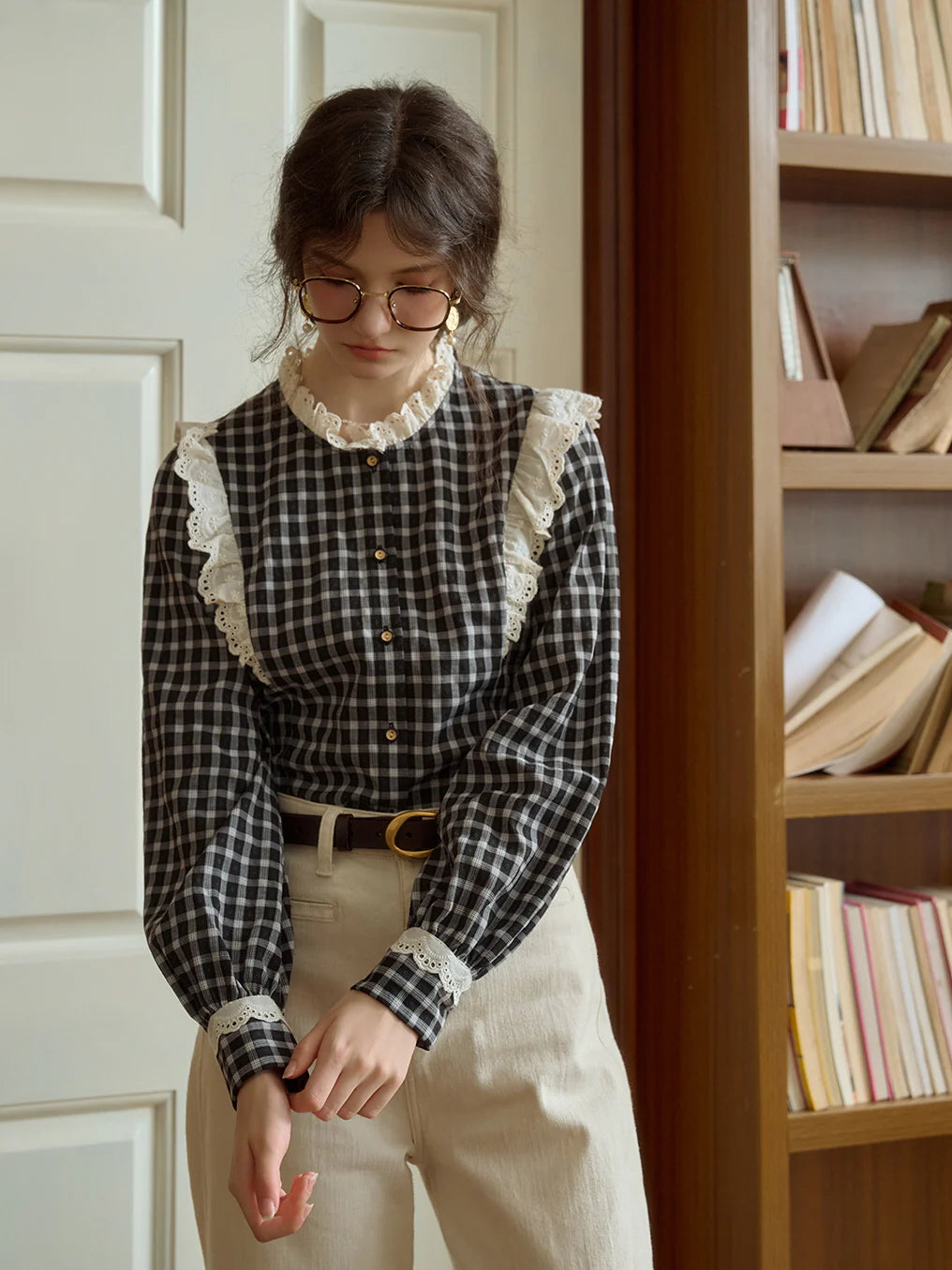 Gingham Blouse with Lace Trim