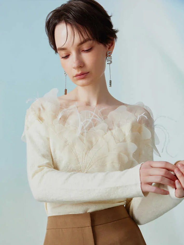 Elegant Floral Appliqué Knit Blouse