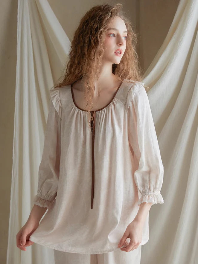 Vintage Ruffled Lace Trim Pajama Set