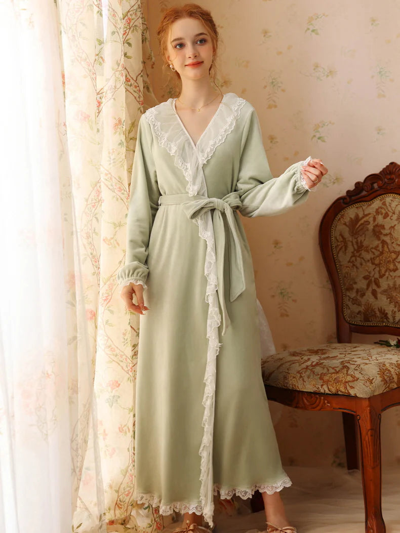 Velvet Lace-Trim Wrap Robe