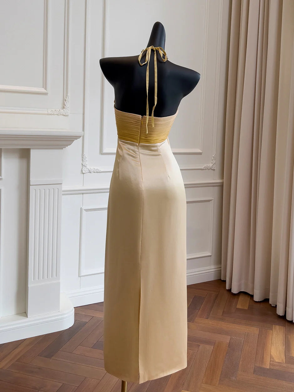 Golden Twilight Beaded Halter Dress