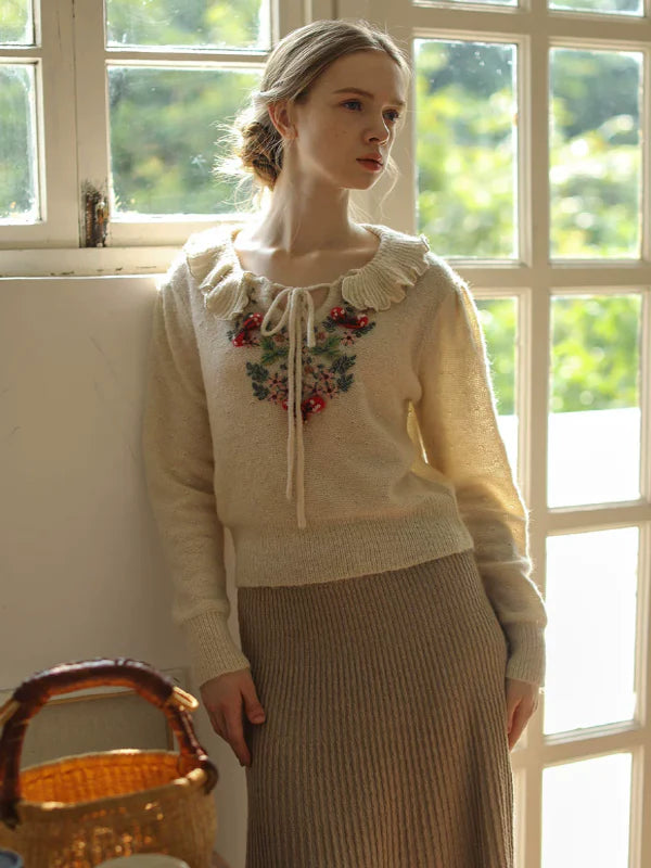 Frilled Collar Floral Embroidered Sweater