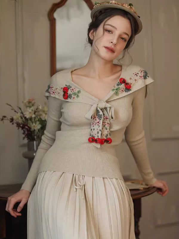 Retro Soft Knit with Floral Embroidery