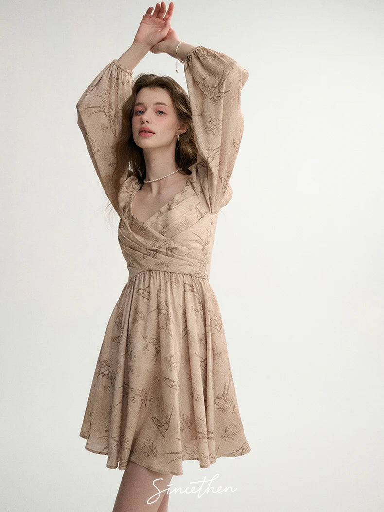 Vintage Botanical Puff-Sleeve Dress