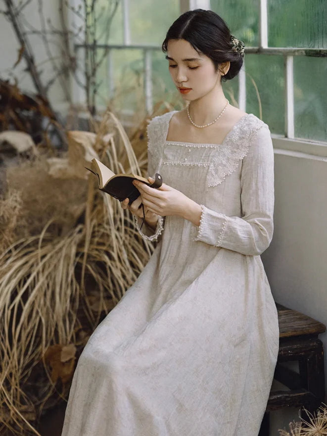 Cottagecore Lace Trim Linen Dress