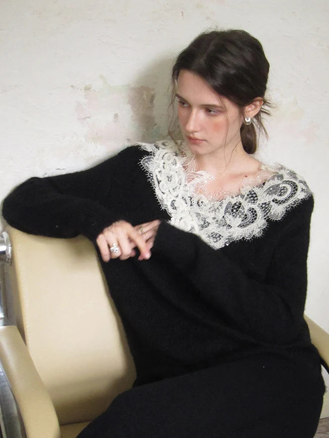 Lace Trim Cozy Wool Blend Sweater