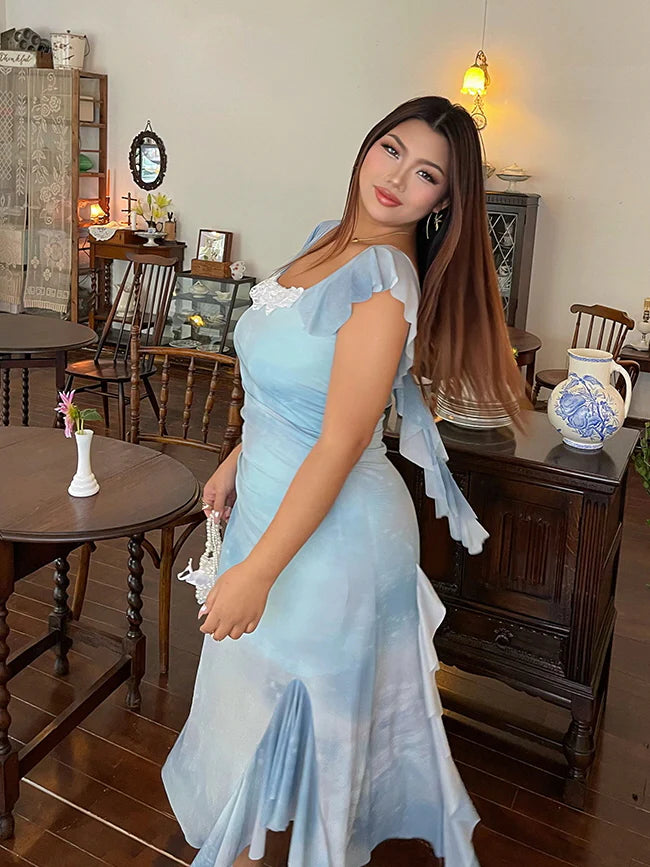 Sky Ruffle Mesh Dress with Bow