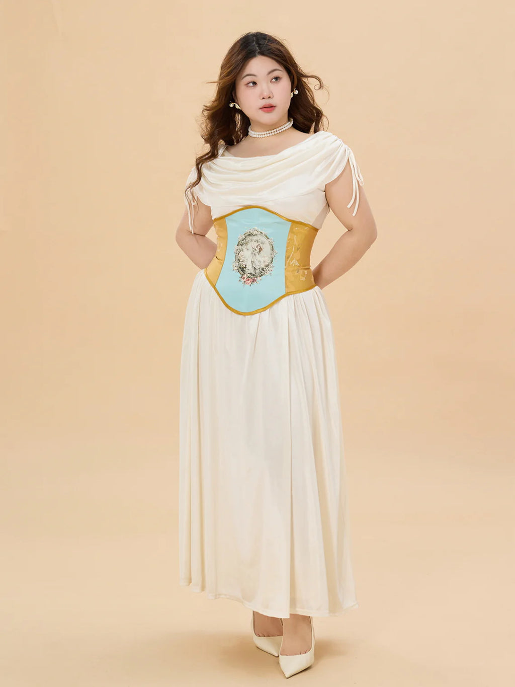 White Satin Glow Plus Size Dress with Ruched Shoulders