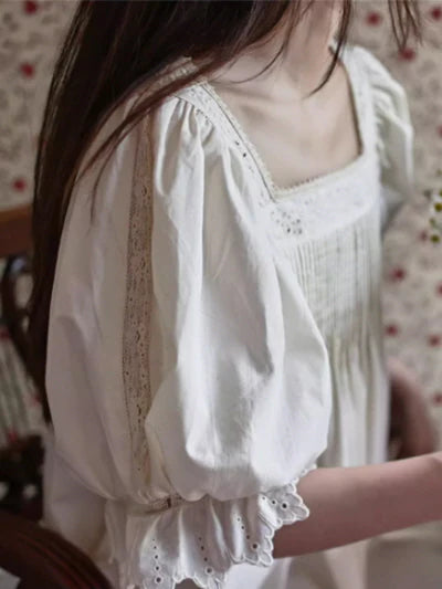 Square Neck Pintuck Cotton Nightgown