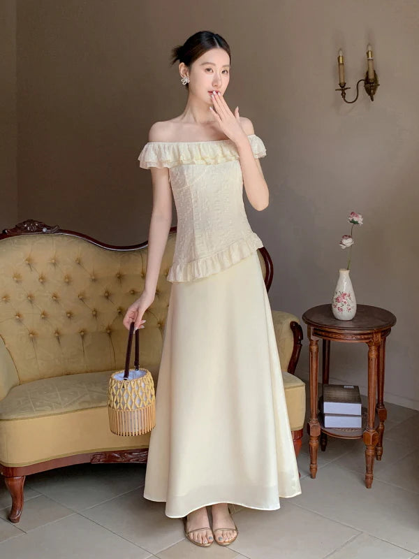 Ivory Ruffle Top & Satin Flare Skirt