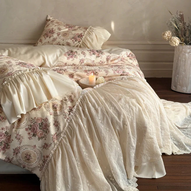 Vintage Cotton Embroidered Lace Bedding Set