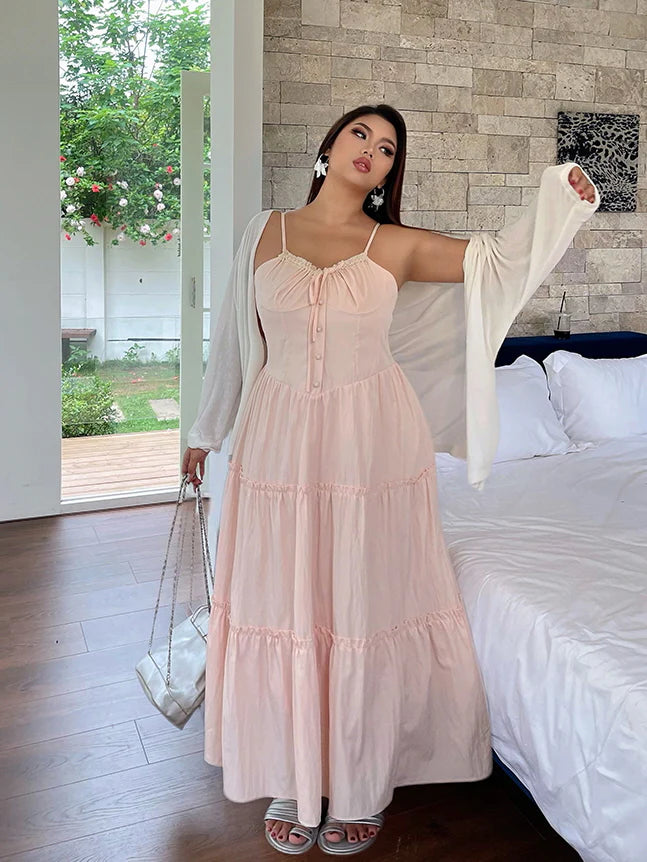 Blush Ribbon-Tie Tiered Dress