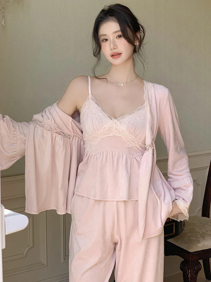 Enchanted Pink Velvet Lace Pajama Set