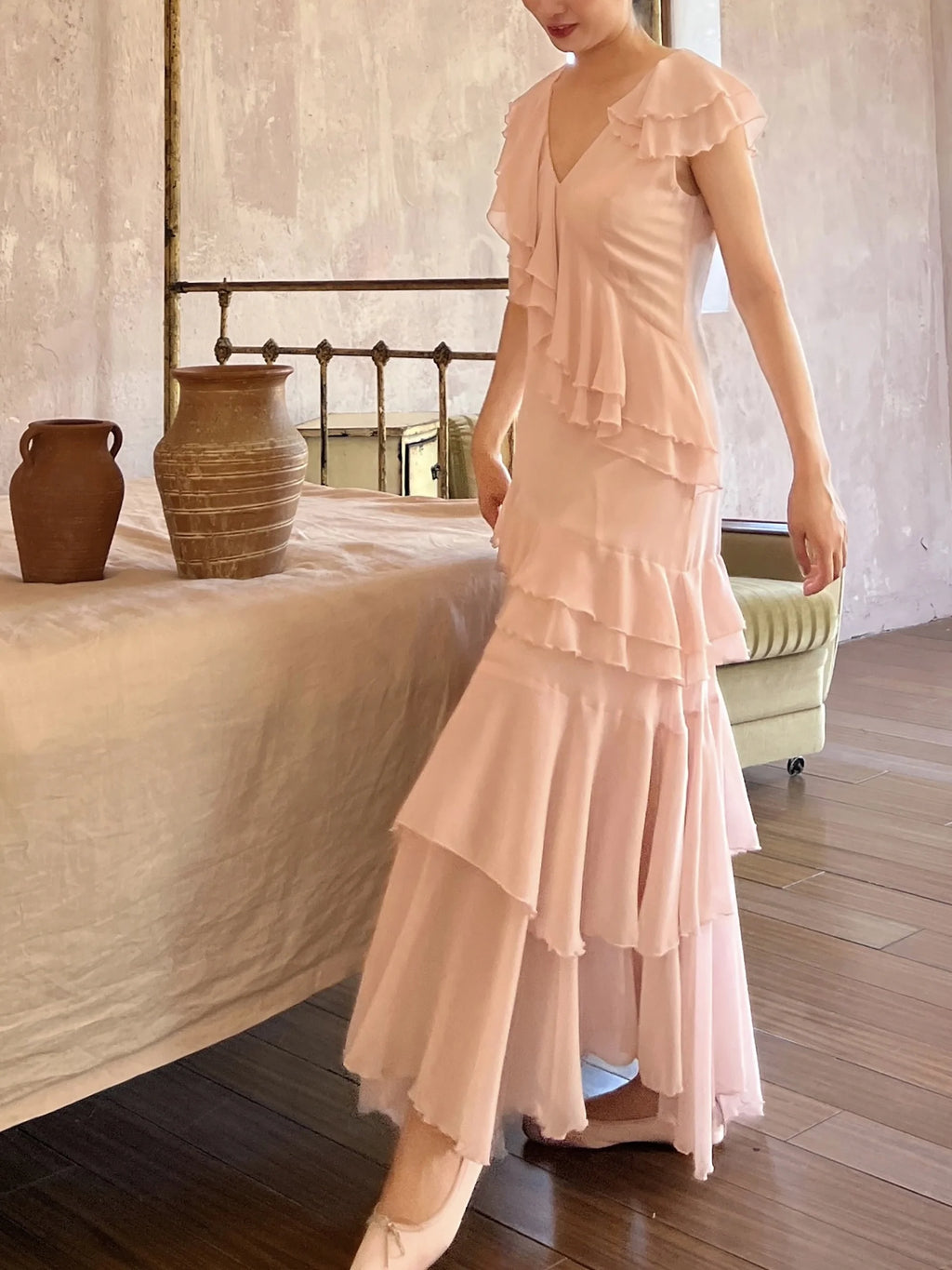 Graceful Pink Ruffle V-Neck Maxi Dress
