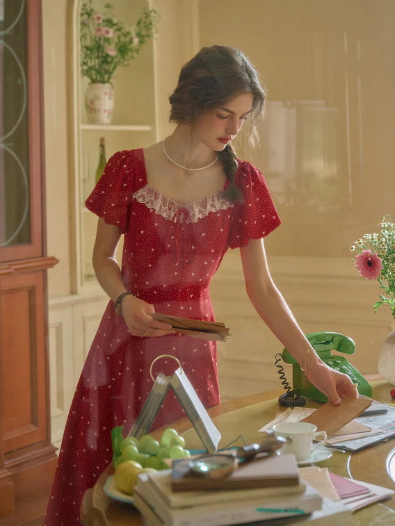 Lace Trim Retro Red Dress with Puff Sleeves