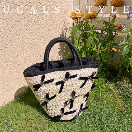 Summer Vacation Straw Ribbon Tote Bag