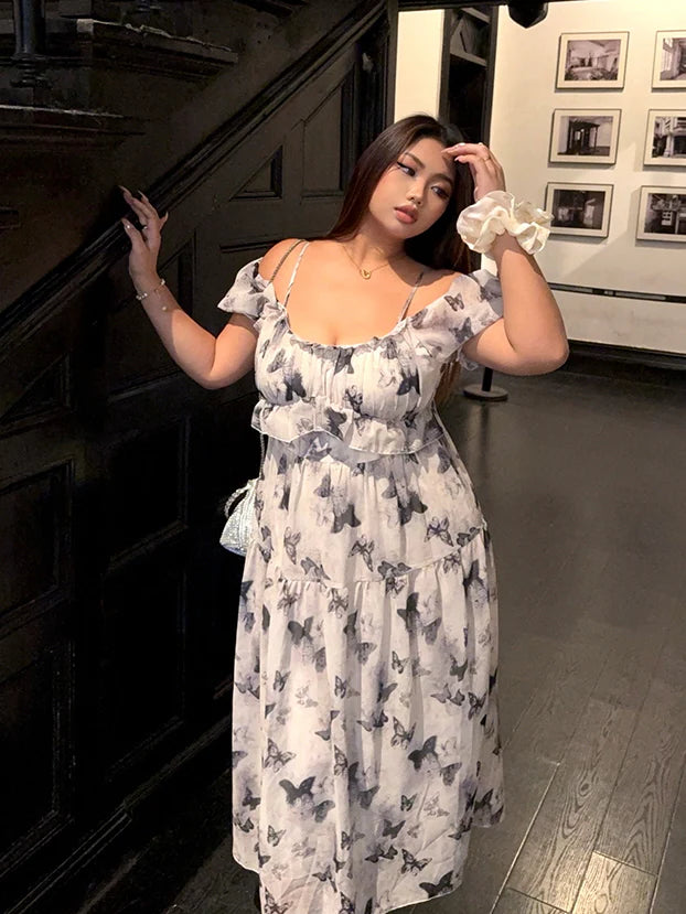 Butterfly Off-Shoulder Chiffon Dress
