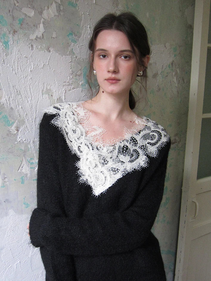 Lace Trim Cozy Wool Blend Sweater
