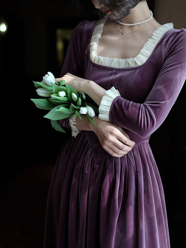 Ruffled Trim Royal Purple Velvet Vintage Dress