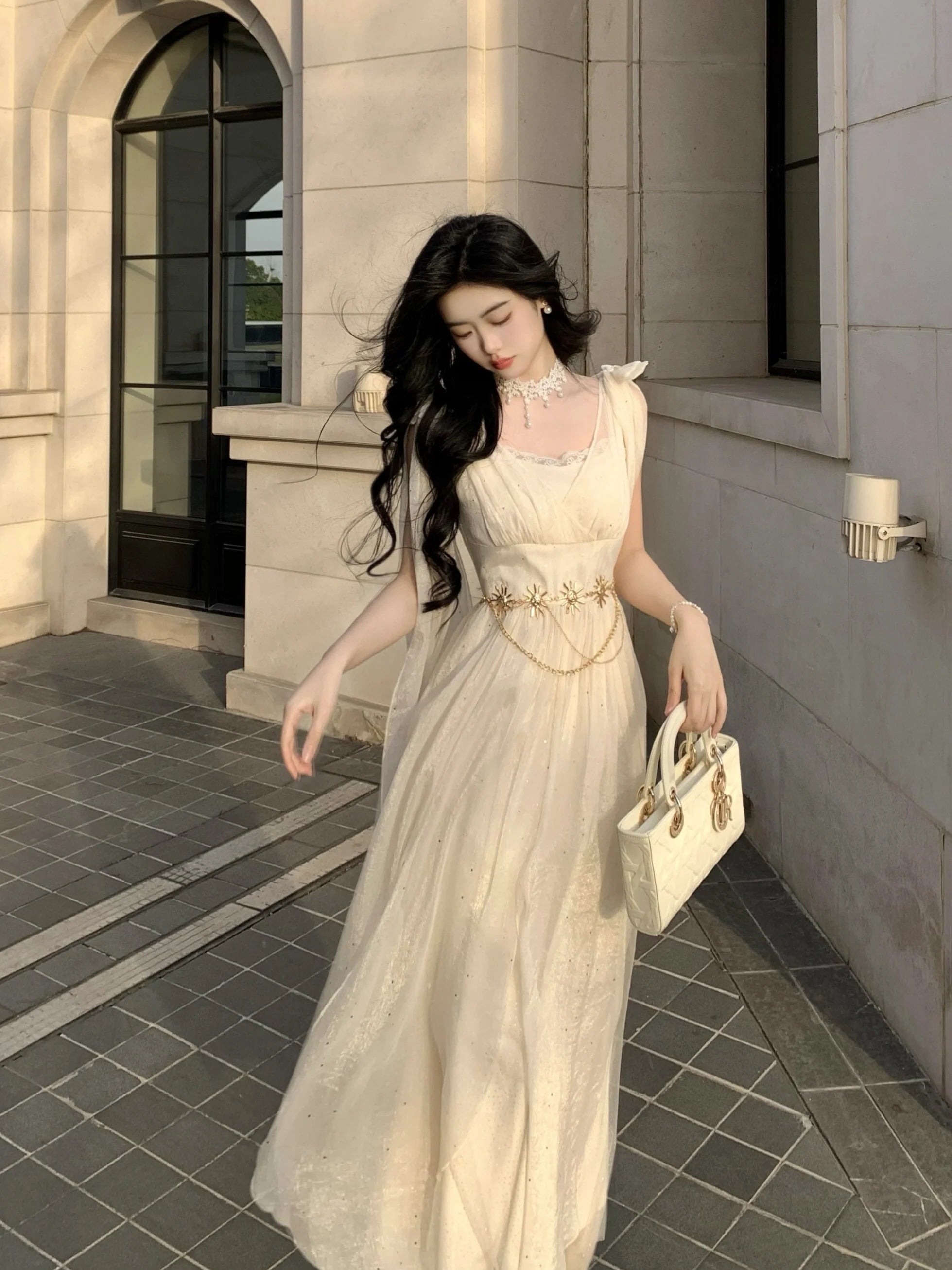 Ethereal Goddess Shimmering Silver Mesh Gown