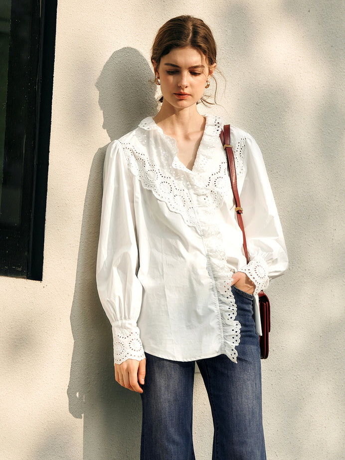 Vintage Eyelet Lace Ruffle Blouse