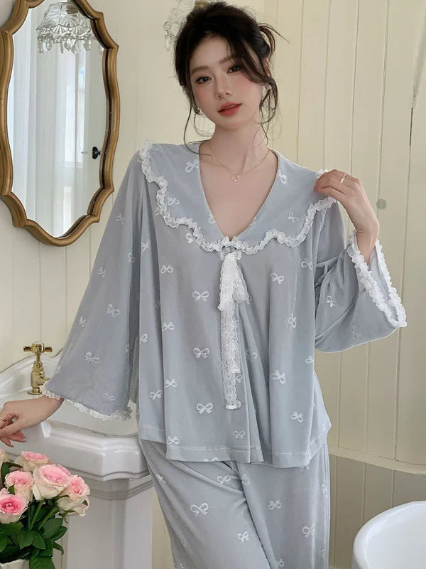 Whimsical Bow Lace Trim Loungewear Set