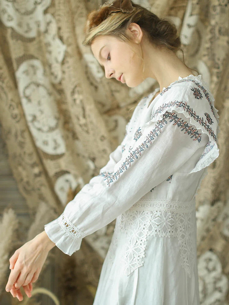 Victorian Floral Embroidered White Dress