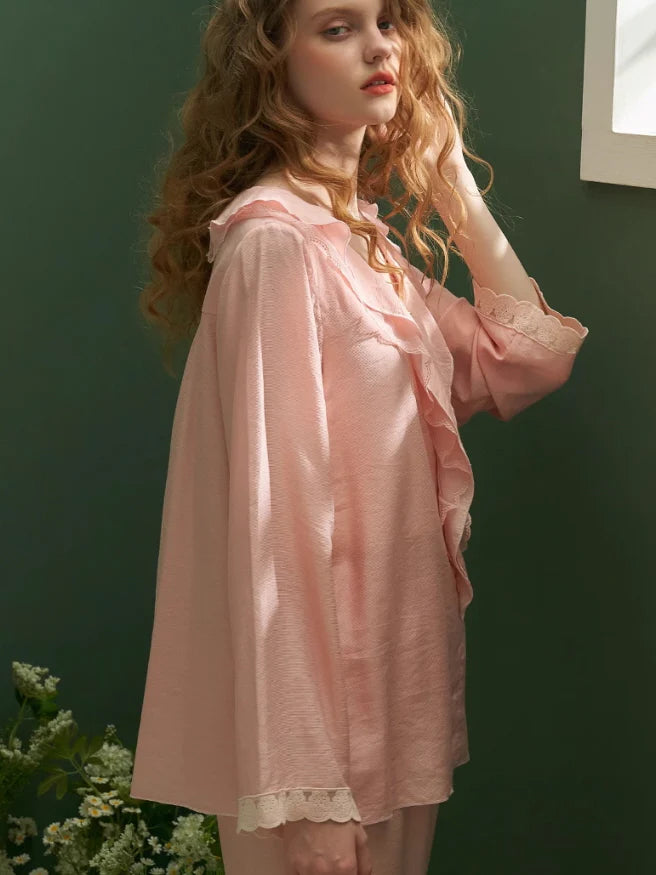 Elegant Ruffled Lace-Trim Pajama Set
