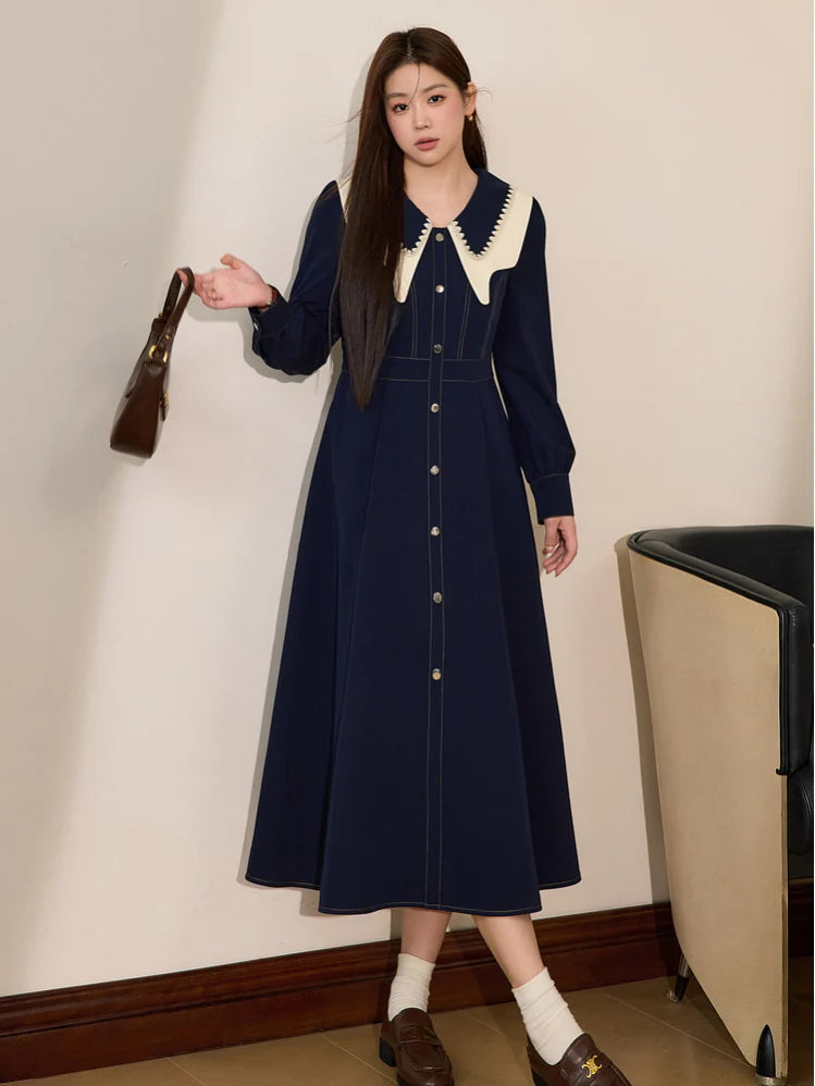 Navy Elegance Vintage Collar Dress