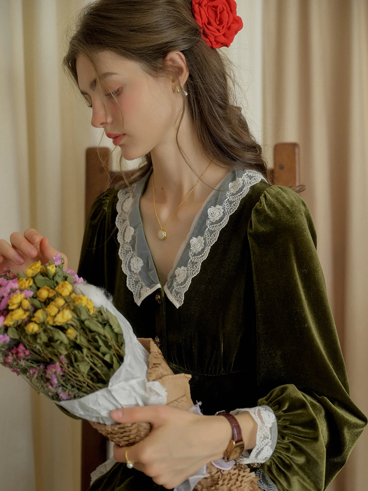 Velvet Elegance Green Lace-Trim Blouse