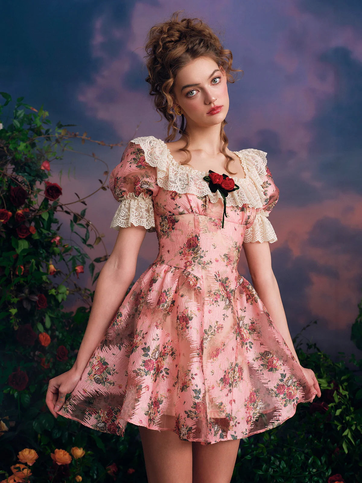 Vintage Rose Lace Frill Dress