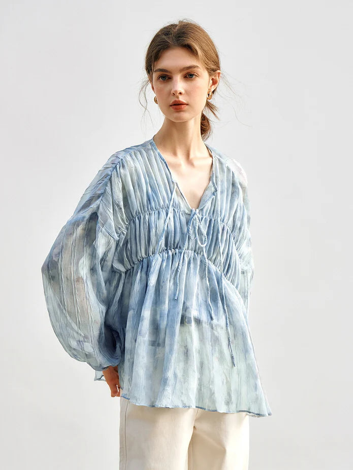 Cloudy Sky Sheer Pleated Blouse
