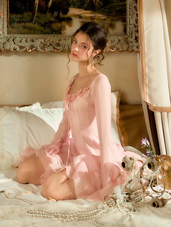 Rosy Flare Sleeve Coquette Dress