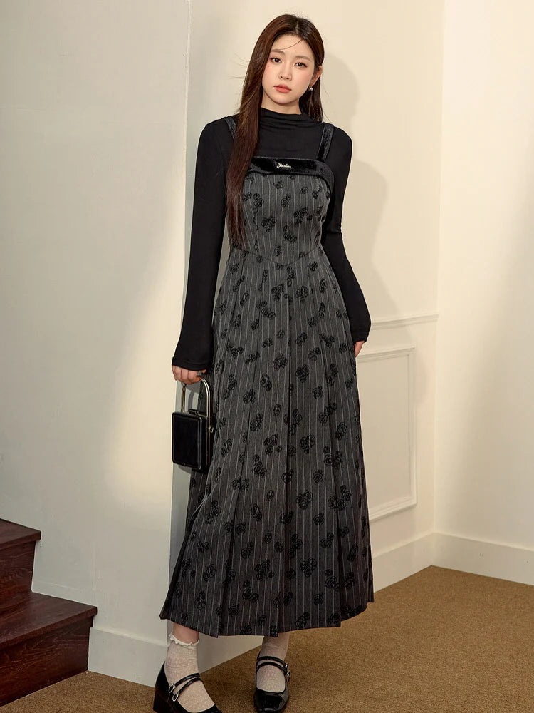 Elegance Noir Floral Velvet Embroidered Pinafore Dress