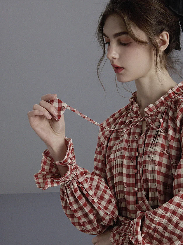 Vintage French Red Gingham Blouse