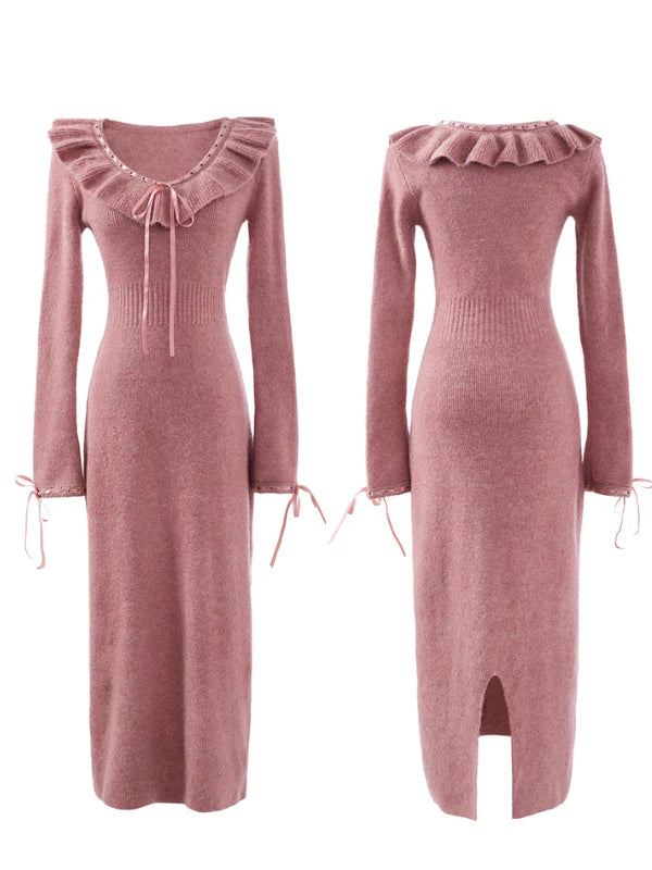 Ruffle Ribbon Blush Pink Knit Dress