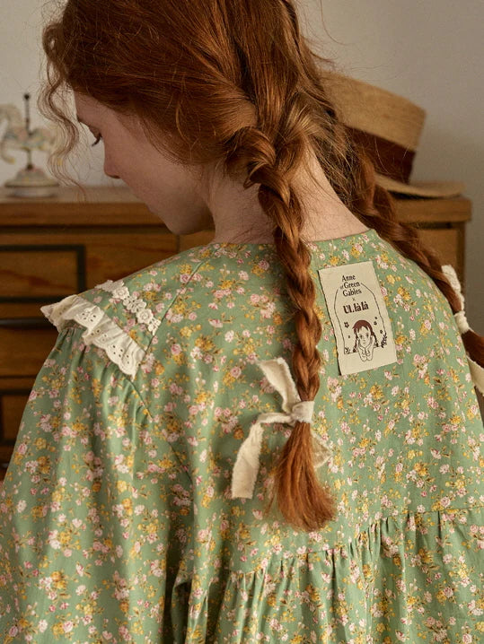 Green Floral Lace Trim Pajama Set