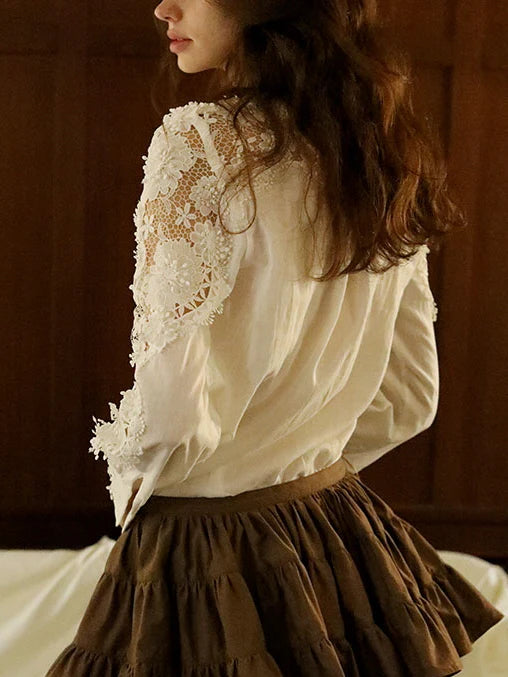 Ethereal Lace Trim Linen-Cotton Blouse