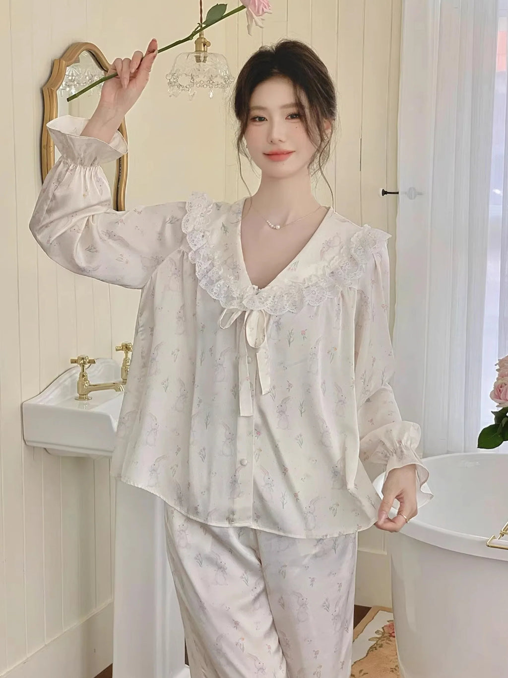 Enchanted Bunny Lace Trim Pajama Set