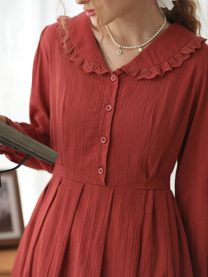 Lace-Trimmed Vintage Rust Cotton Dress