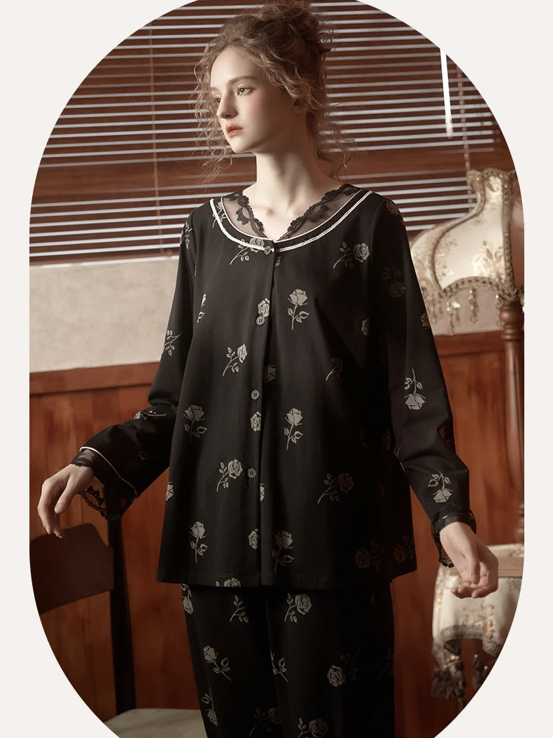 Vintage Rose Lace Trim Pajama Set