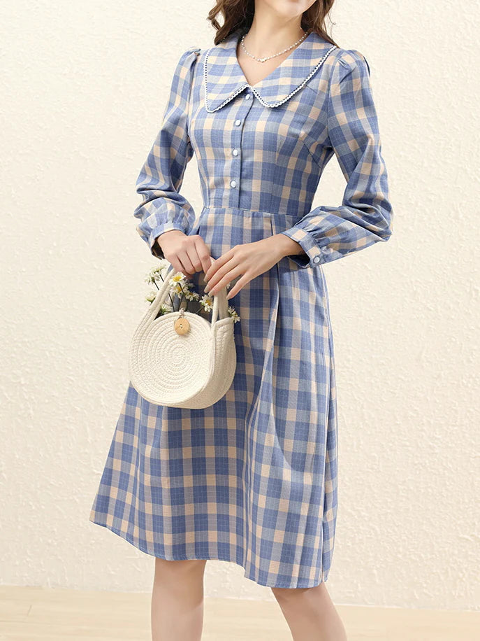 Vintage Blue Plaid Lace Trim Dress