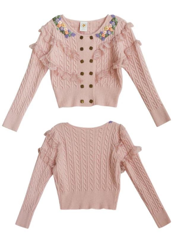Delicate Floral Embroidered Ruffle Cardigan