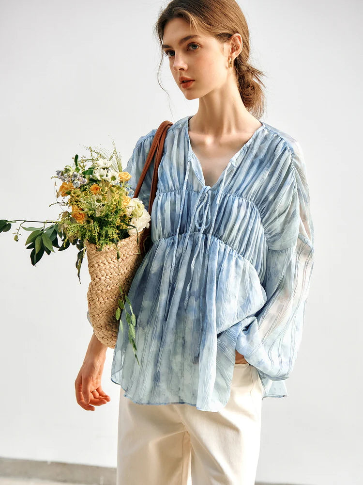 Cloudy Sky Sheer Pleated Blouse