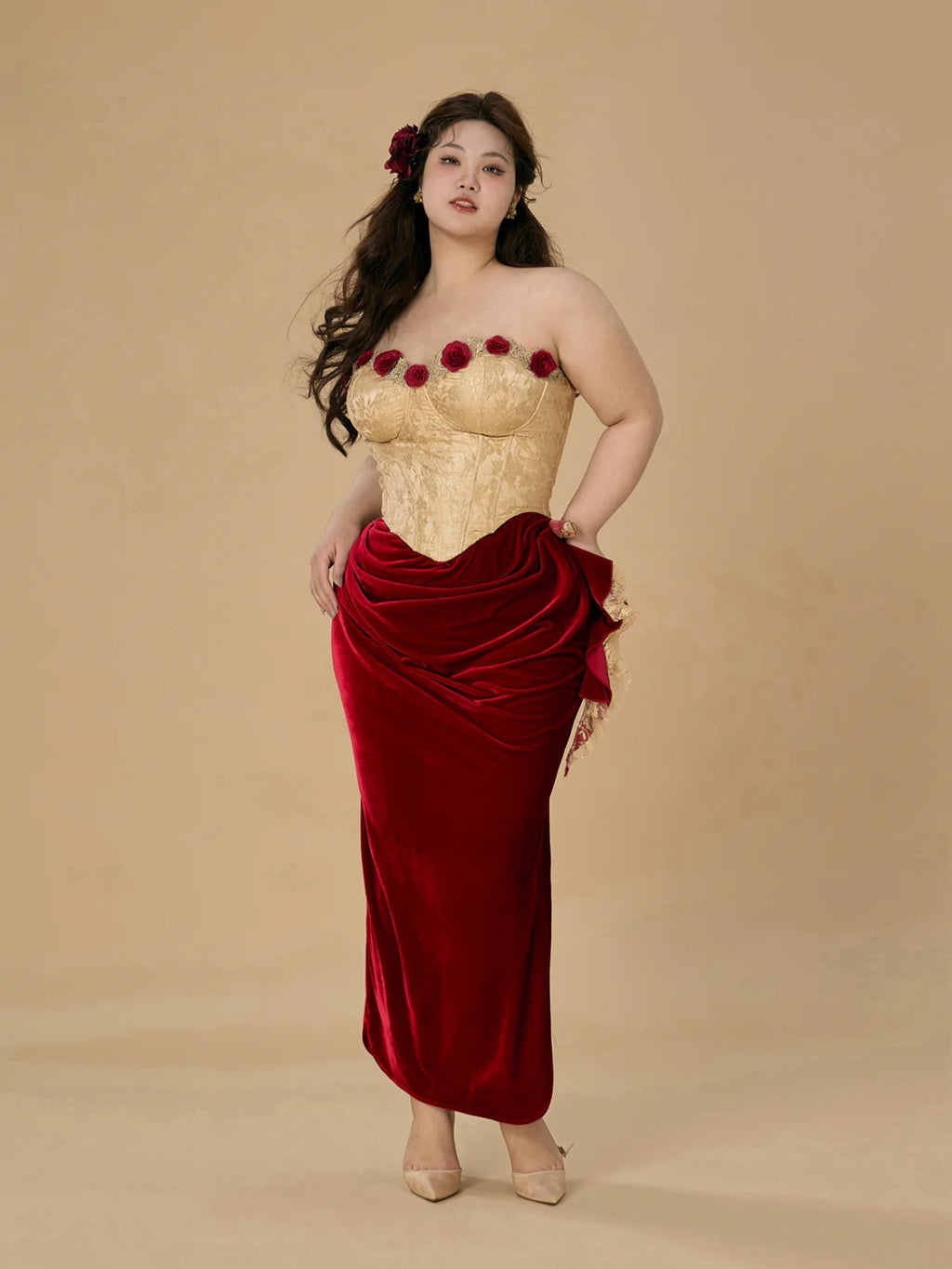 Rose Embellished Gold Corset Velvet Dress