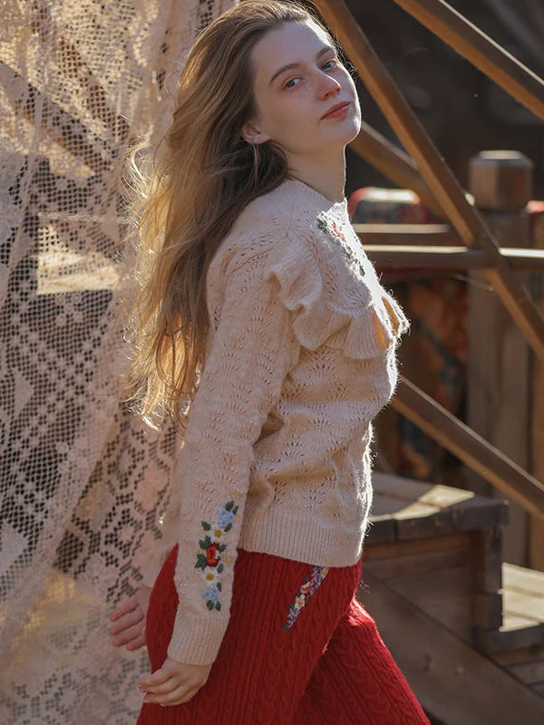 Floral Embroidered Ruffle Knit Sweater