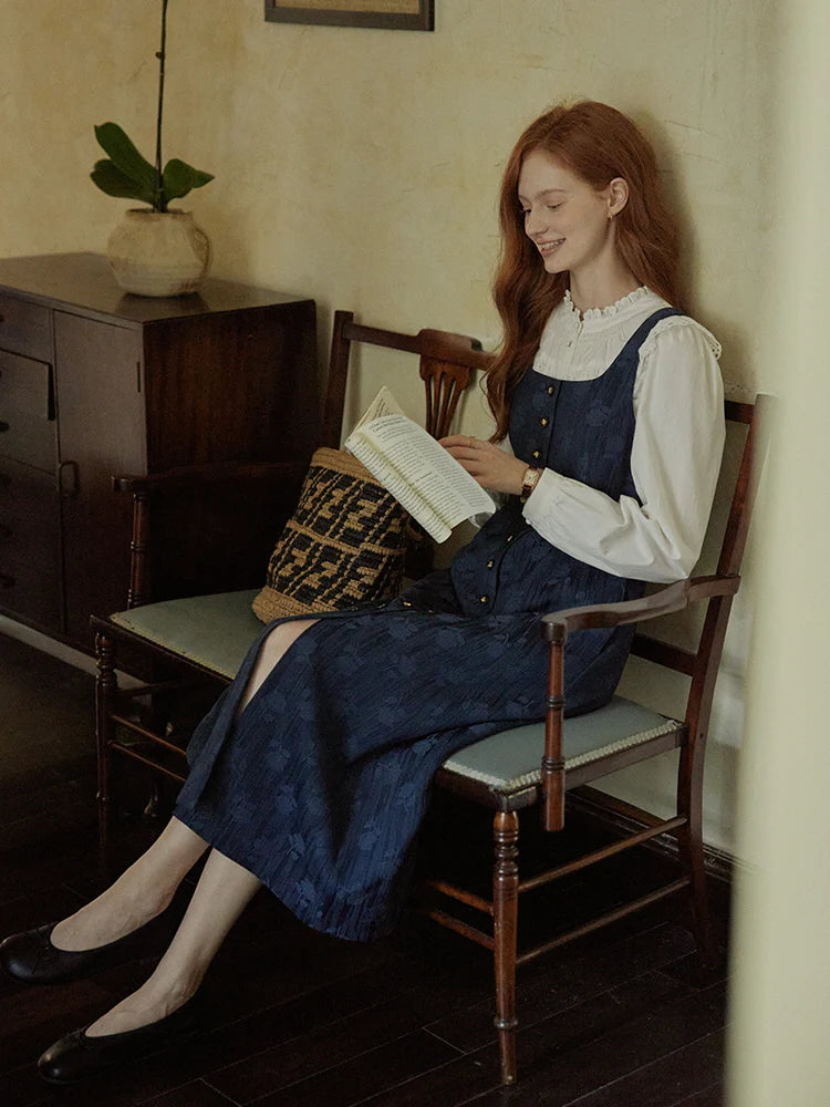 Vintage Midnight Blue Cottagecore Pinafore Dress