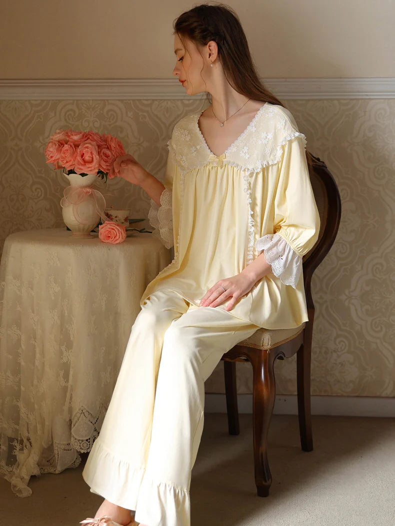 Floral Lace Trim Cotton Pajama Set