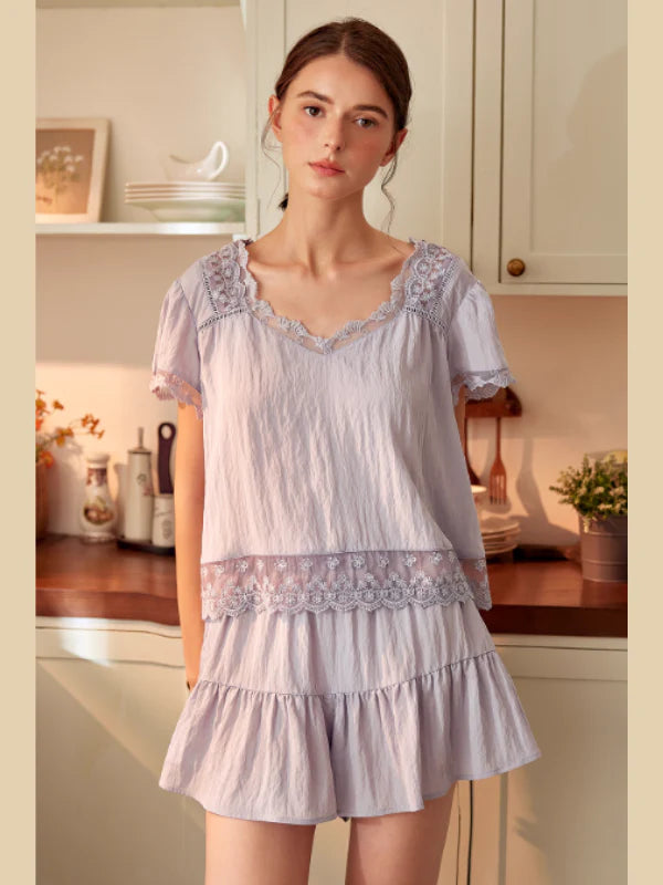Lavender Lace Trim Two-Piece Loungewear Set